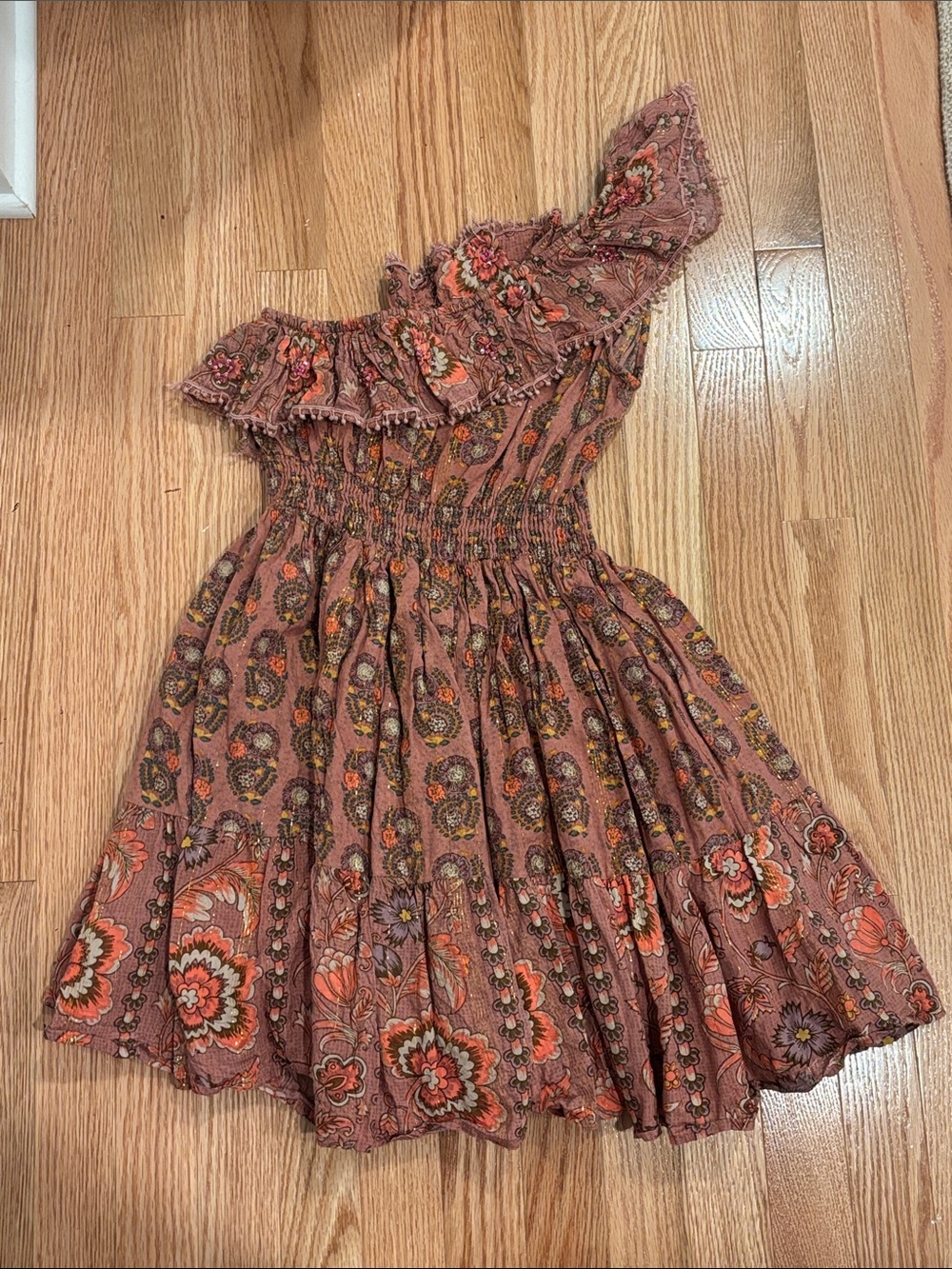 Anthropologie One-Shoulder Floral Rust and Mauve Kids Dress